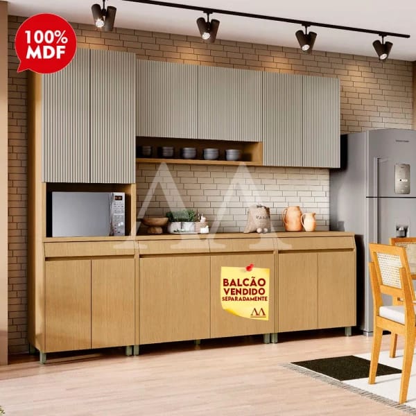 Cozinha Completa Ripada Bege com Torre