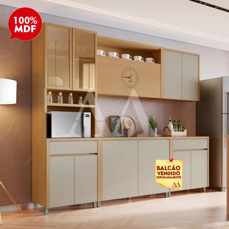Cozinha Completa Madeira Natural e Bege