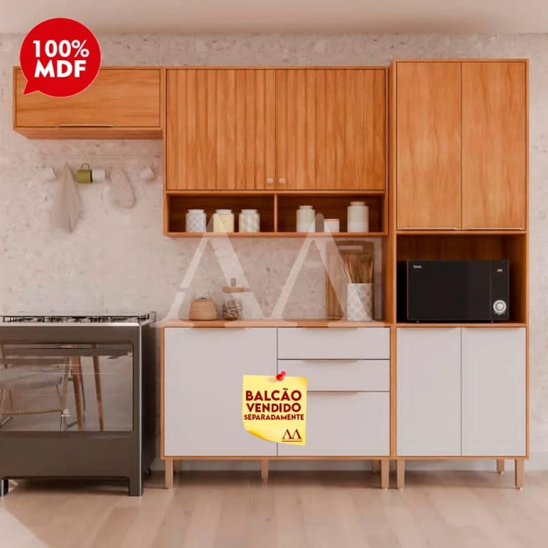 Cozinha Modulada Natural Ripada com Pés Palito