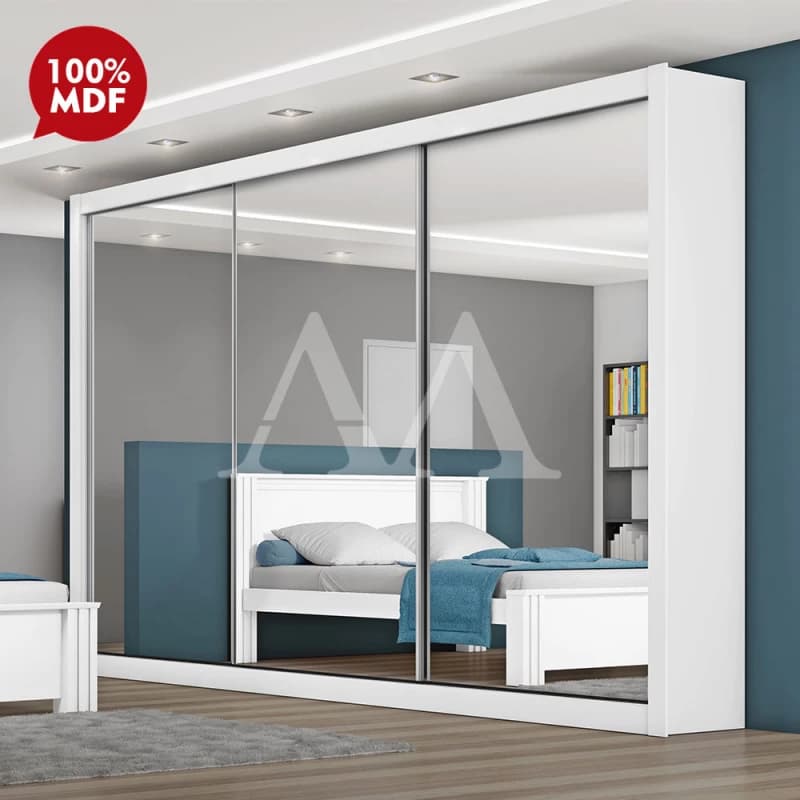 Guarda-roupa Branco 3 Portas com Espelho Central