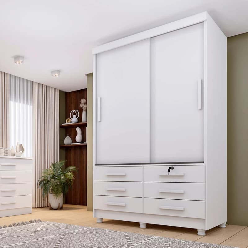 Guarda-roupa Branco 2 Portas de Correr com 6 Gavetas