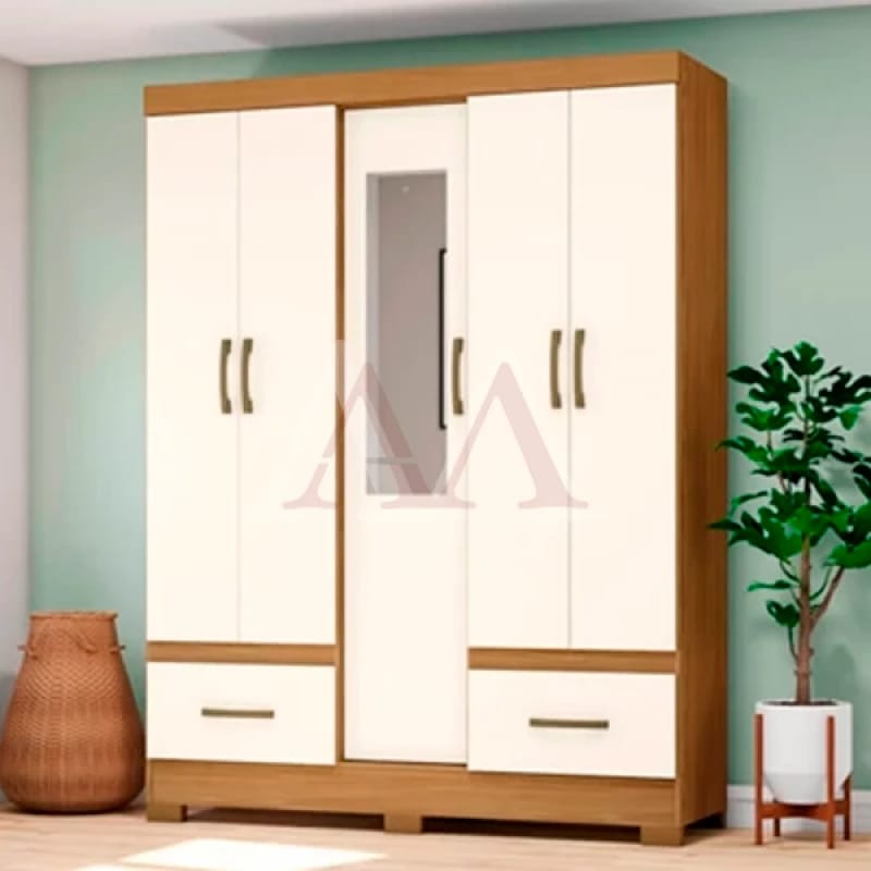 Guarda-roupa 5 Portas Branco com Espelho e Gavetas