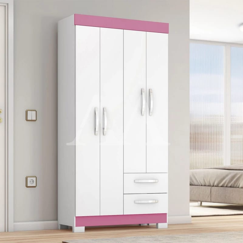 Guarda-roupa Infantil Branco e Rosa 4 Portas